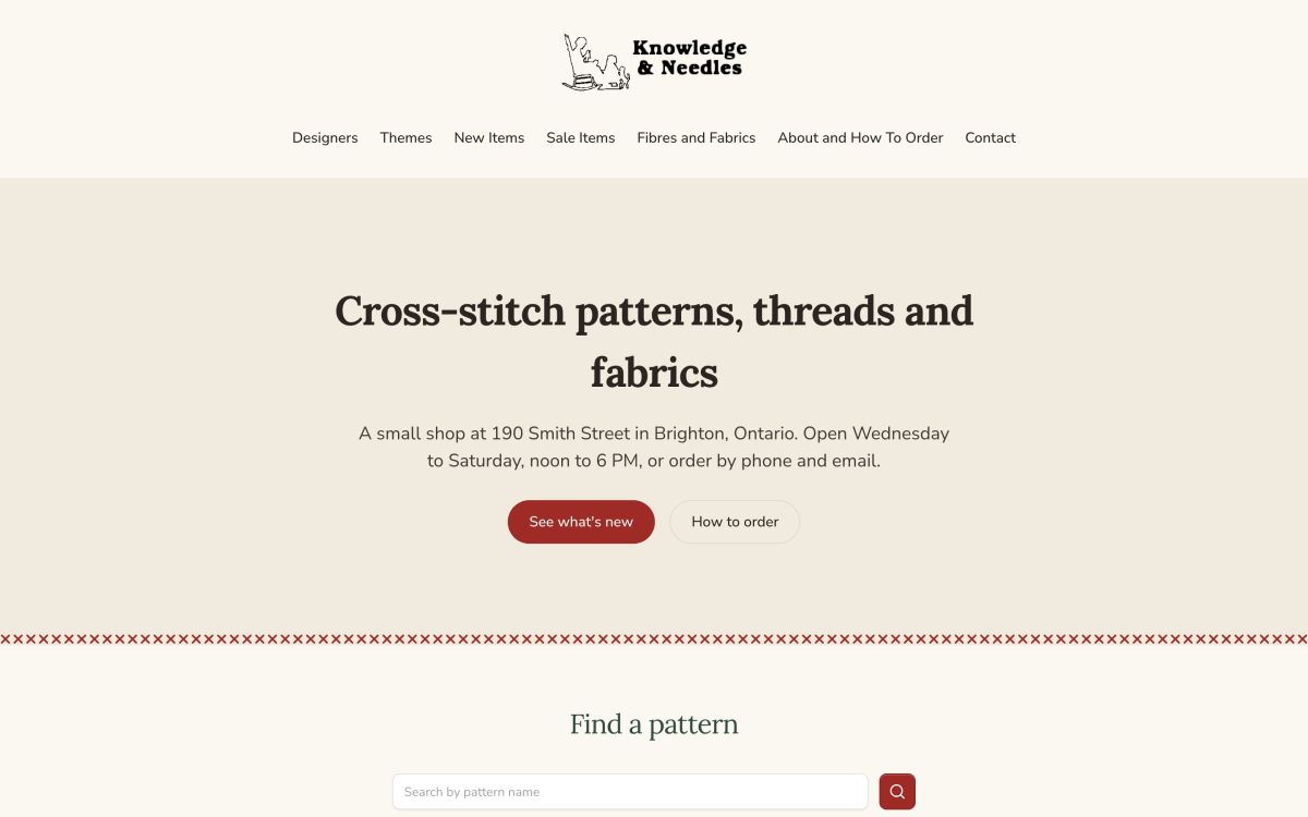Knowledge and Needles cross-stitch shop homepage