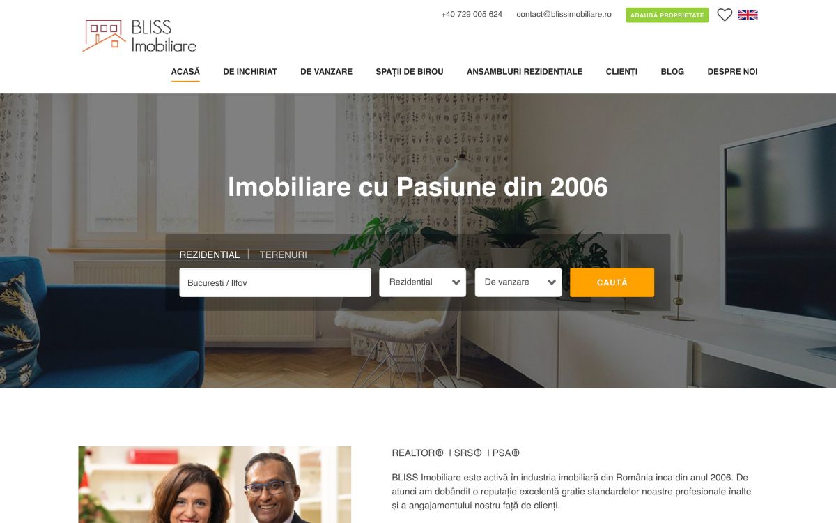 BLISS Imobiliare homepage with property search